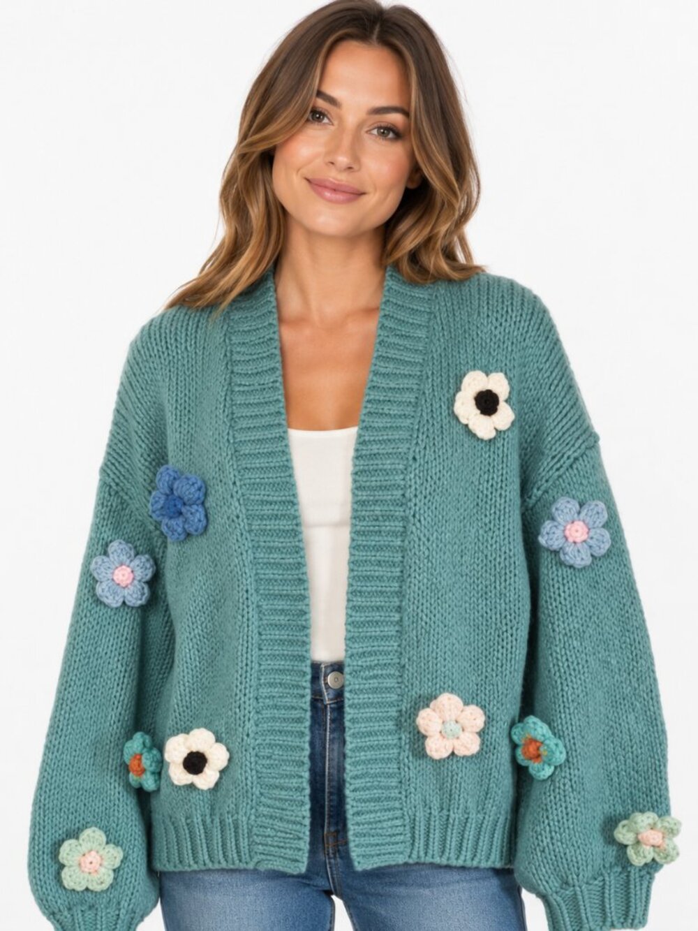 Teal Chunky Knit Cardigan with Crochet Flowers